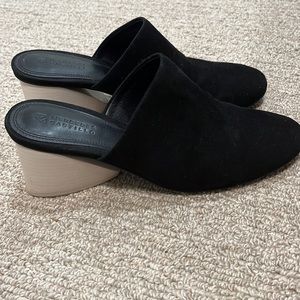 Black suede Mercedes Castillo clogs with ivory heel. Worn less than 5x.